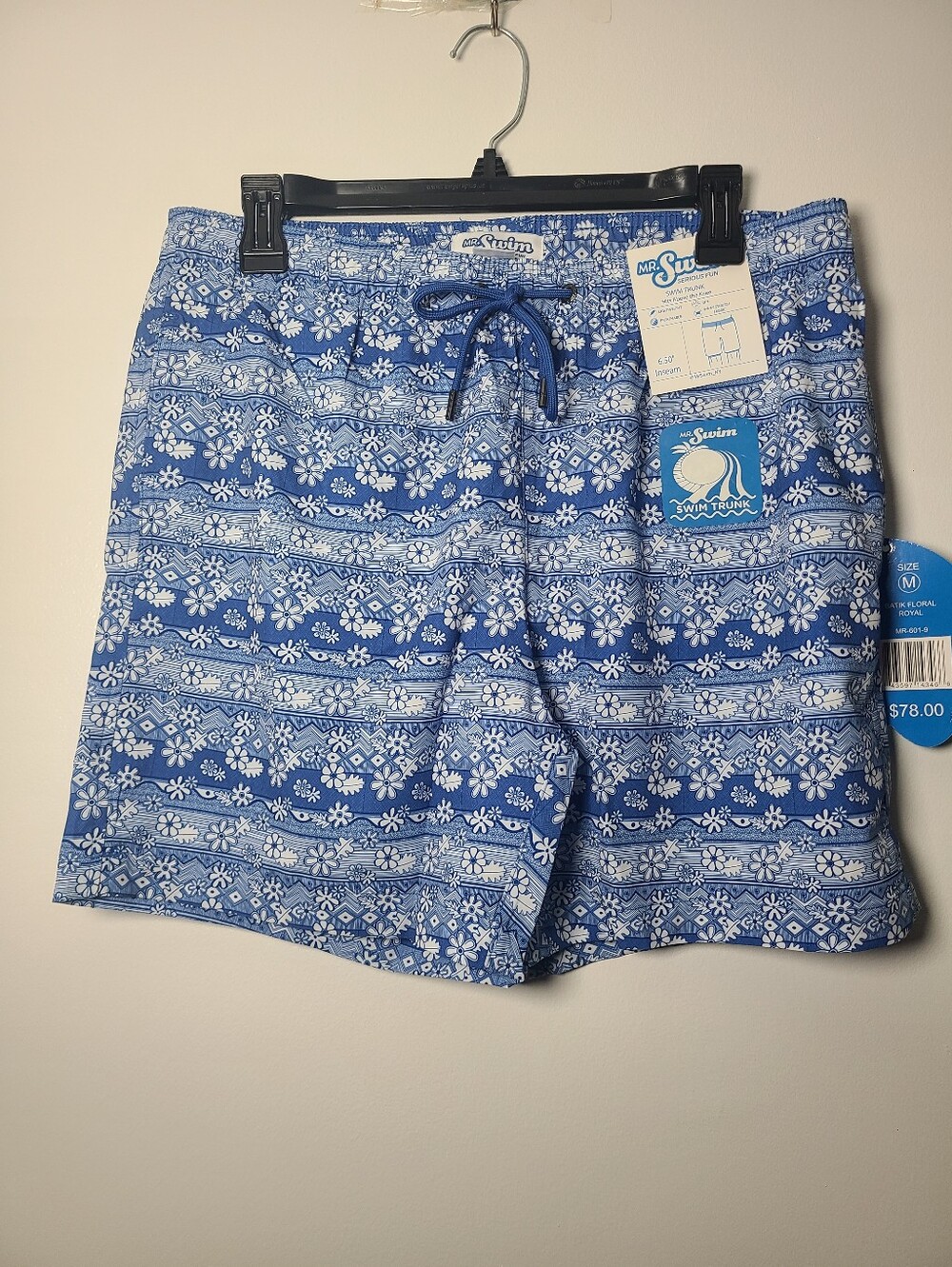 Mr.Swim - Blue Floral Stripe Men's Swim Trunks Size Medium